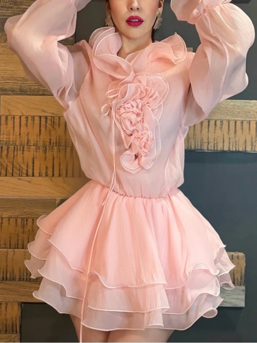 Elegant Ruffled Bishop Sleeve Dress in Pastel Pink